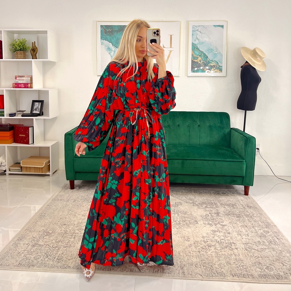 Camellia Floral Red and Green Maxi Dress